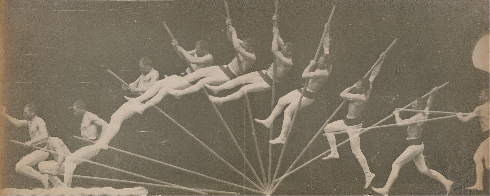 Chronofotografie van Étienne-Jules Marey: een polsstokspringer, in opeenvolgende fasen op één plaat vastgelegd.